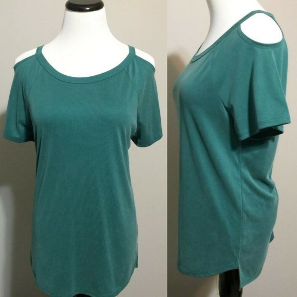 Sweet Rain Cold Shoulder Ribbed Top Womens Medium Teal Modal Blend High Low Hem